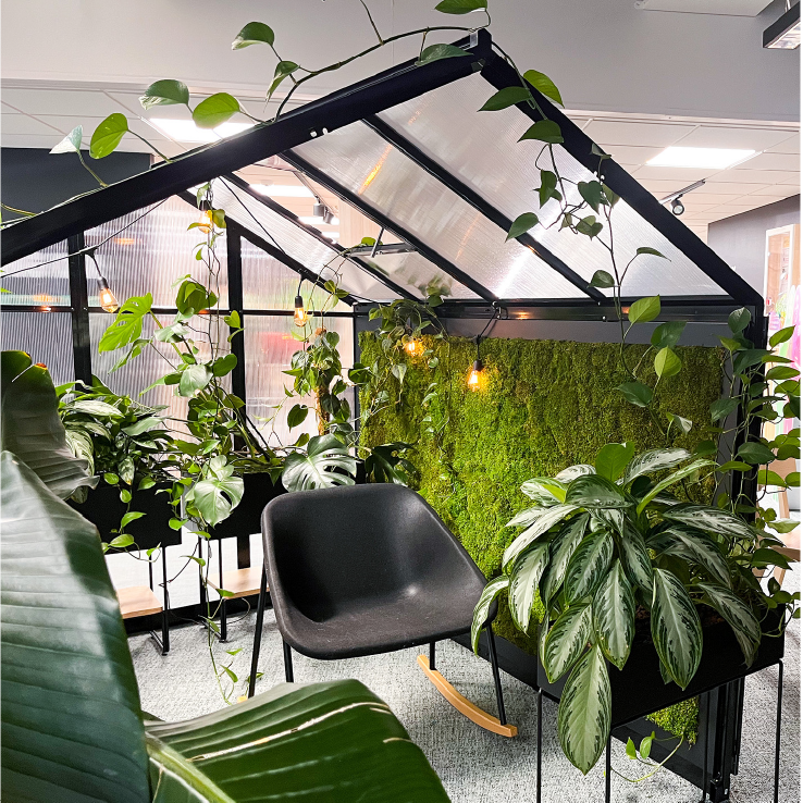 Hijentymisen tila toimistossa, sisustettu keinulla ja viherkasveilla biofilisten oppien mukaan